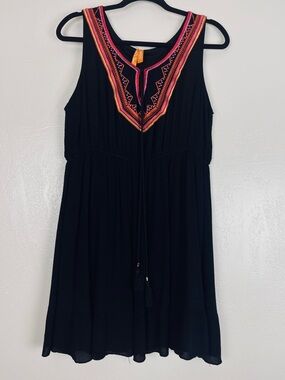 Magic Black Mini Dress with Pink & Orange Embroidered V-Neck